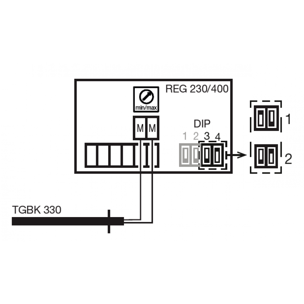 nastavení zapojení přepínačů, 1 &ndash; pro minimální mezní teplotu, 2 &ndash; pro maximální mezní teplotu
